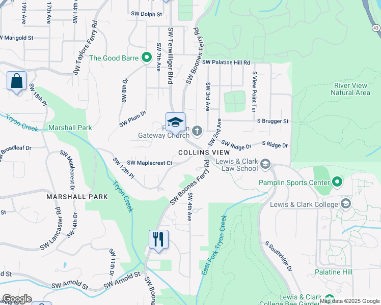 map of restaurants, bars, coffee shops, grocery stores, and more near 460 Southwest Maplecrest Drive in Portland