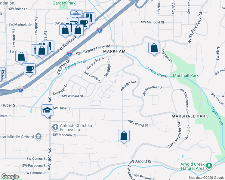 map of restaurants, bars, coffee shops, grocery stores, and more near 9824 Southwest Quail Post Road in Portland