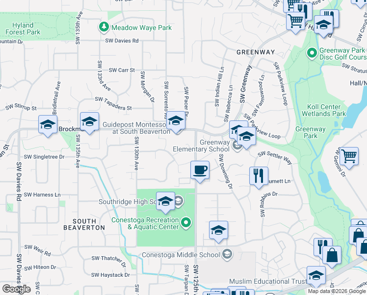 map of restaurants, bars, coffee shops, grocery stores, and more near 12575 Southwest Caballero Street in Beaverton
