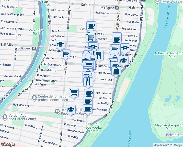 map of restaurants, bars, coffee shops, grocery stores, and more near in Montreal