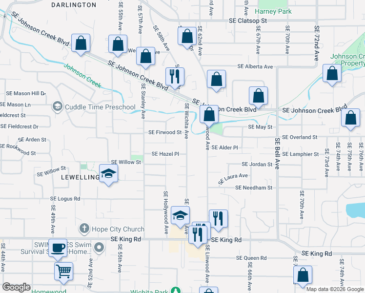 map of restaurants, bars, coffee shops, grocery stores, and more near 9711 Southeast Wichita Avenue in Milwaukie