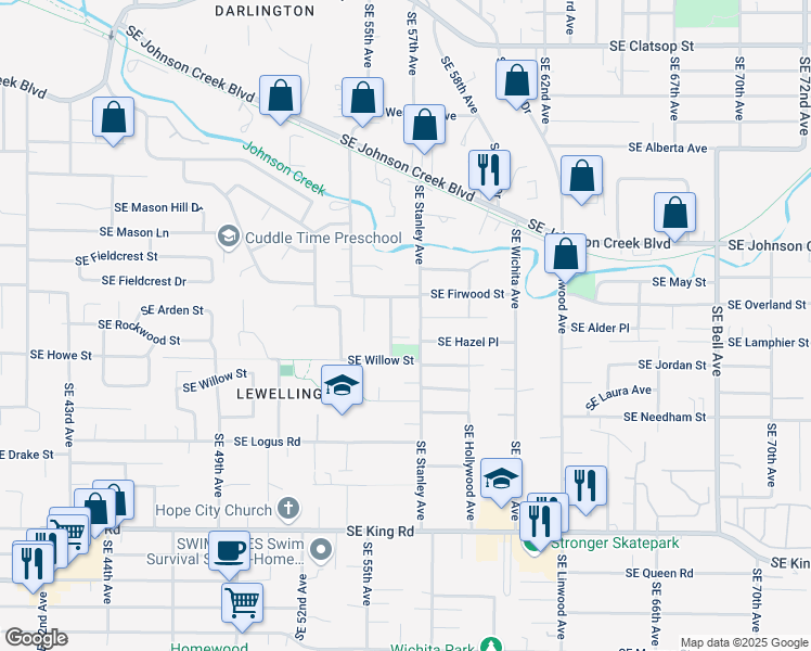 map of restaurants, bars, coffee shops, grocery stores, and more near 9781 Southeast Stanley Avenue in Milwaukie
