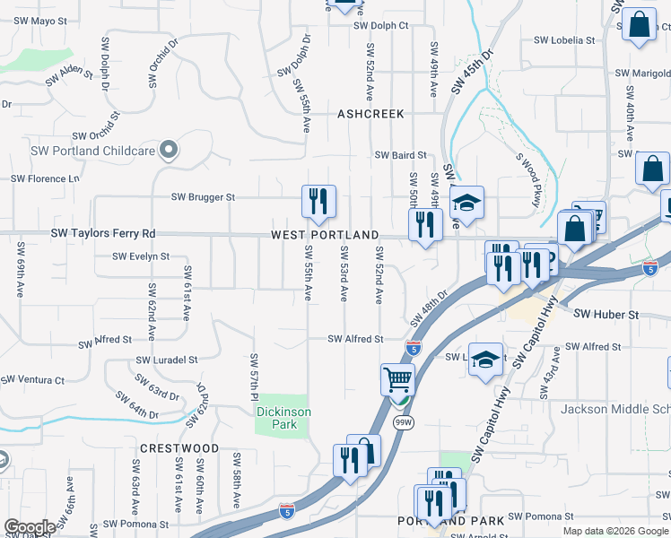 map of restaurants, bars, coffee shops, grocery stores, and more near 10022 Southwest 53rd Avenue in Portland