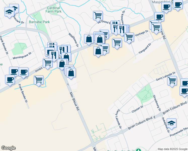 map of restaurants, bars, coffee shops, grocery stores, and more near 2025-2059 Mer Bleue Rd in Ottawa