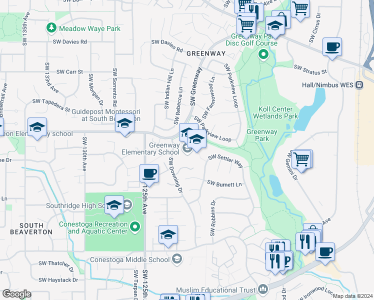 map of restaurants, bars, coffee shops, grocery stores, and more near 9150 Southwest Downing Drive in Beaverton