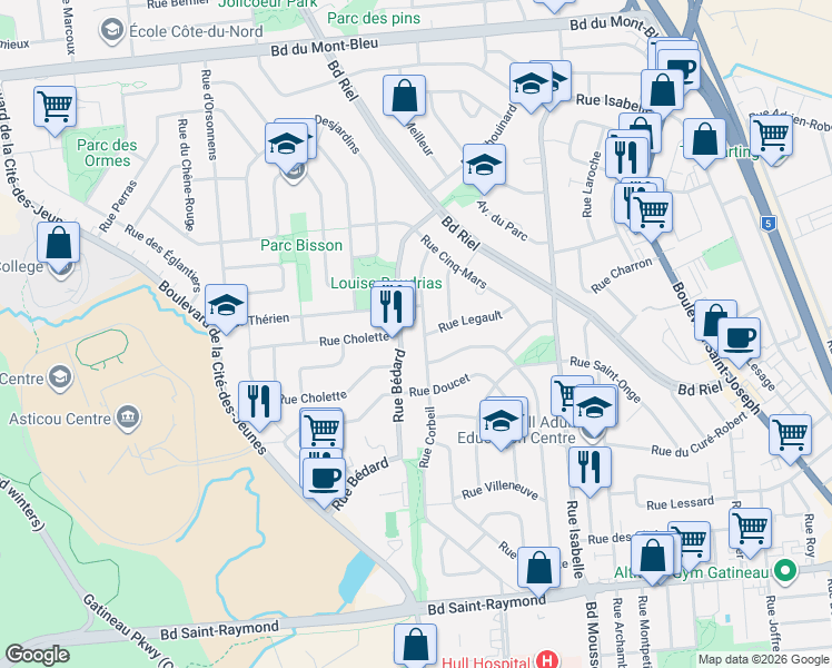 map of restaurants, bars, coffee shops, grocery stores, and more near 95 Rue Corbeil in Gatineau