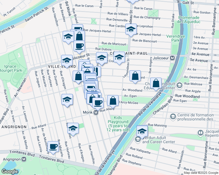 map of restaurants, bars, coffee shops, grocery stores, and more near 1909 Avenue Woodland in Montréal