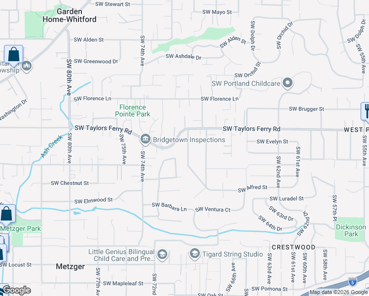 map of restaurants, bars, coffee shops, grocery stores, and more near 9165 Southwest 70th Avenue in Portland