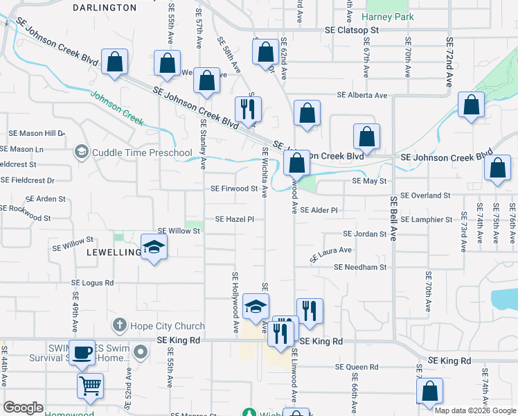 map of restaurants, bars, coffee shops, grocery stores, and more near 9711 Southeast Wichita Avenue in Milwaukie