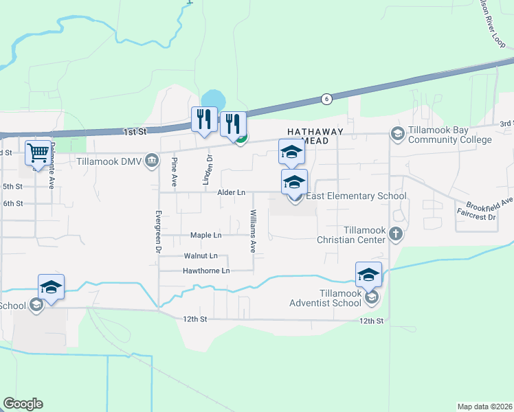 map of restaurants, bars, coffee shops, grocery stores, and more near 509 Williams Avenue in Tillamook