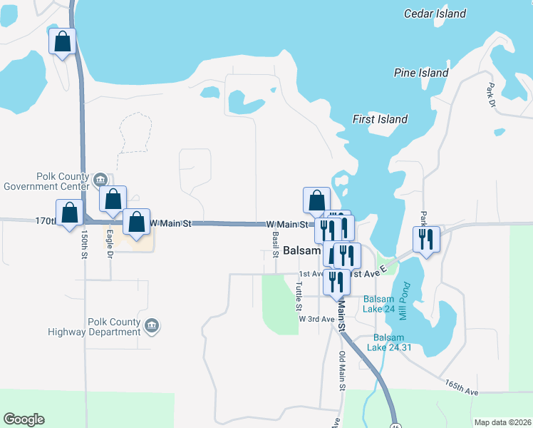 map of restaurants, bars, coffee shops, grocery stores, and more near 402 West Main Street in Balsam Lake