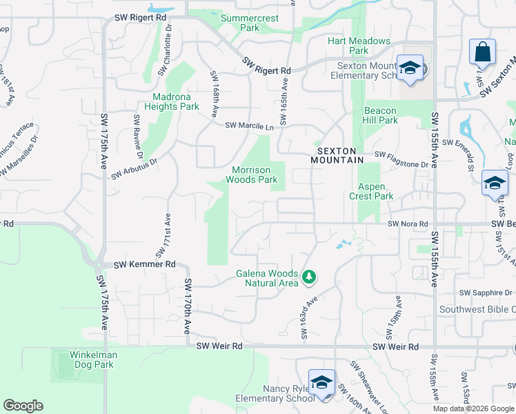 map of restaurants, bars, coffee shops, grocery stores, and more near 16605 Southwest Oregon Jade Court in Beaverton
