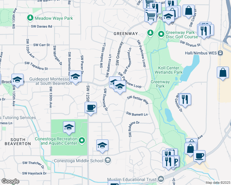 map of restaurants, bars, coffee shops, grocery stores, and more near 9150 Southwest Downing Drive in Beaverton