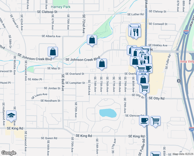 map of restaurants, bars, coffee shops, grocery stores, and more near 7420 Southeast Overland Street in Milwaukie