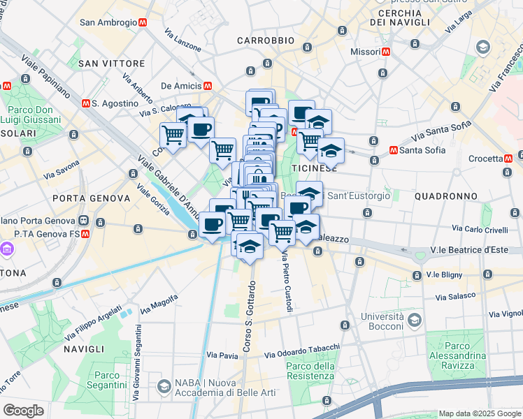 map of restaurants, bars, coffee shops, grocery stores, and more near 22 Via Scaldasole in Milan