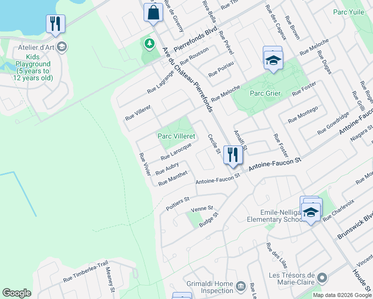 map of restaurants, bars, coffee shops, grocery stores, and more near 18564 Rue Larocque in Montréal
