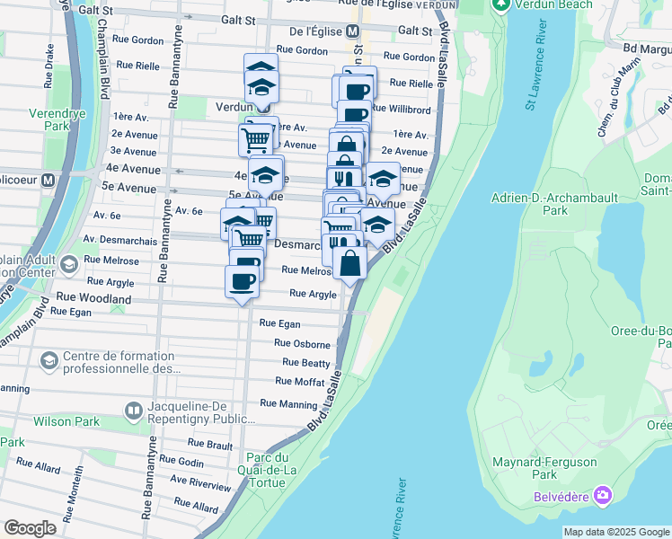 map of restaurants, bars, coffee shops, grocery stores, and more near 265 Rue Melrose in Montréal