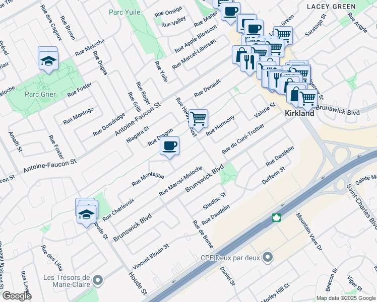 map of restaurants, bars, coffee shops, grocery stores, and more near 40 Rue Harmony in Kirkland