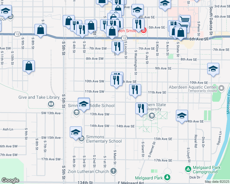 map of restaurants, bars, coffee shops, grocery stores, and more near 1100 South Main Street in Aberdeen