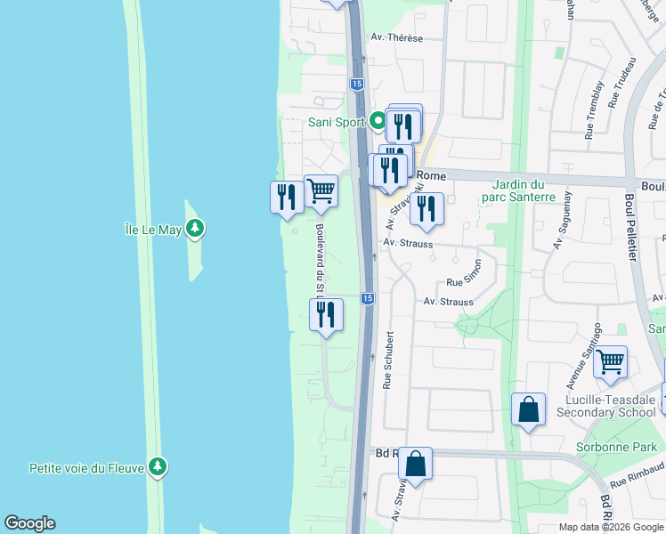 map of restaurants, bars, coffee shops, grocery stores, and more near 8075 Boulevard du Saint Laurent in Brossard