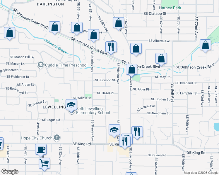 map of restaurants, bars, coffee shops, grocery stores, and more near 6006 Southeast Firwood Street in Milwaukie