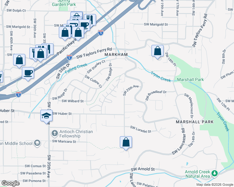 map of restaurants, bars, coffee shops, grocery stores, and more near 9722 Southwest Quail Post Road in Portland