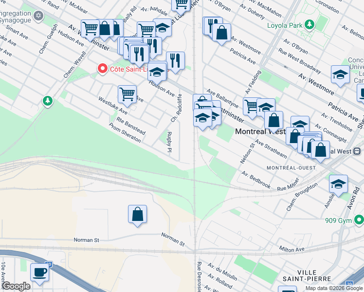 map of restaurants, bars, coffee shops, grocery stores, and more near 74 Croissant Roxton in Montréal-Ouest