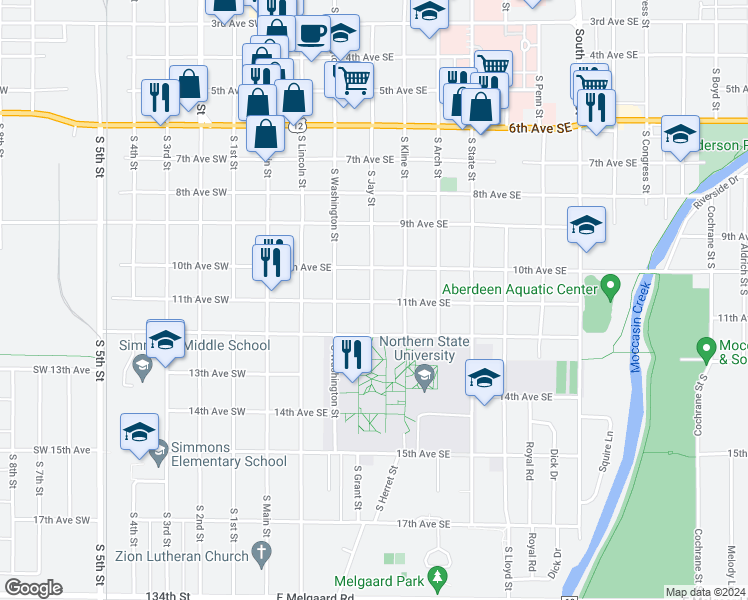 map of restaurants, bars, coffee shops, grocery stores, and more near 216 10th Avenue Southeast in Aberdeen
