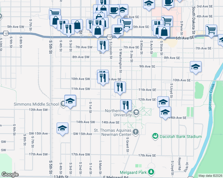 map of restaurants, bars, coffee shops, grocery stores, and more near 1008 South Lincoln Street in Aberdeen