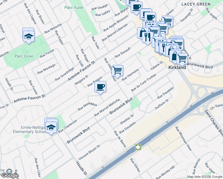 map of restaurants, bars, coffee shops, grocery stores, and more near 40 Rue Harmony in Kirkland