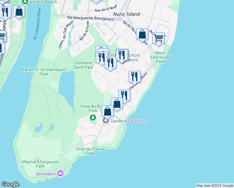 map of restaurants, bars, coffee shops, grocery stores, and more near 700 Rue de Gaspé in Montréal