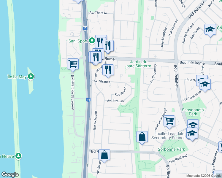 map of restaurants, bars, coffee shops, grocery stores, and more near 725 Place Suez in Brossard