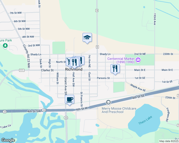 map of restaurants, bars, coffee shops, grocery stores, and more near 15 East St in Richmond