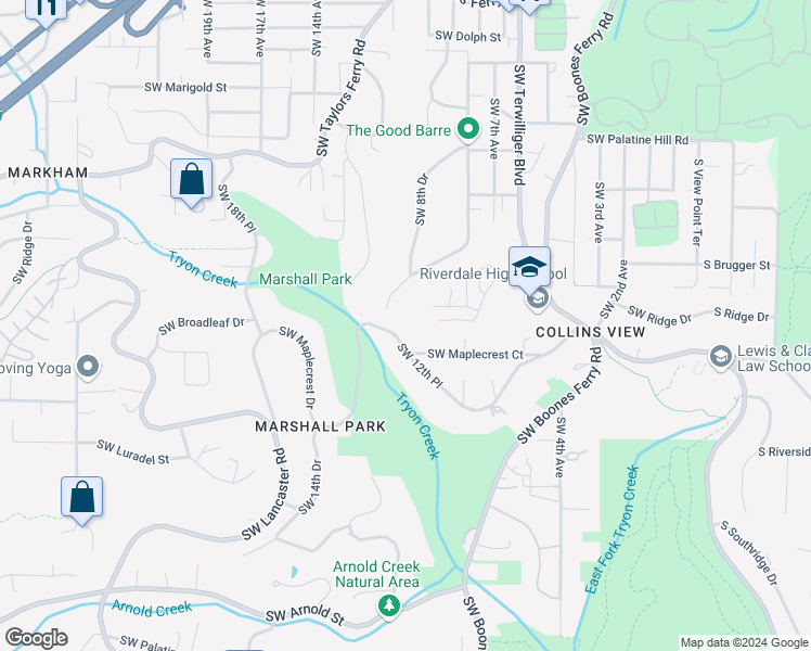 map of restaurants, bars, coffee shops, grocery stores, and more near 1103 Southwest Maplecrest Drive in Portland