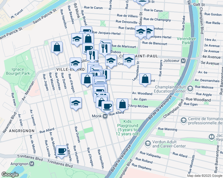 map of restaurants, bars, coffee shops, grocery stores, and more near 6537 Hadley Street in Montreal