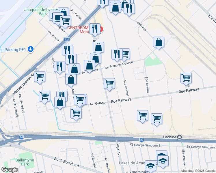 map of restaurants, bars, coffee shops, grocery stores, and more near 1660 55e Avenue in Montréal