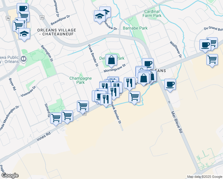 map of restaurants, bars, coffee shops, grocery stores, and more near 6542 Tooney Drive in Ottawa
