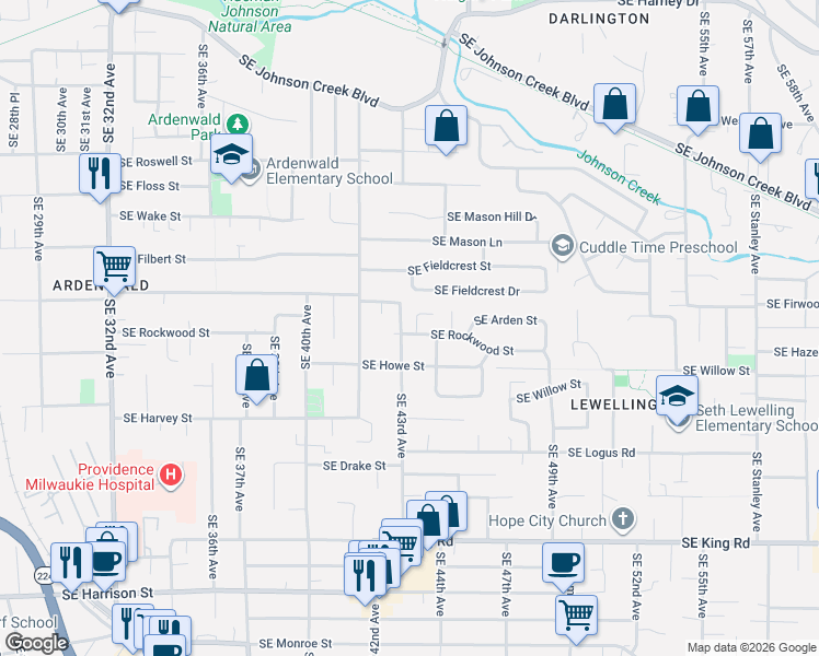 map of restaurants, bars, coffee shops, grocery stores, and more near 9523 Southeast 44th Court in Milwaukie