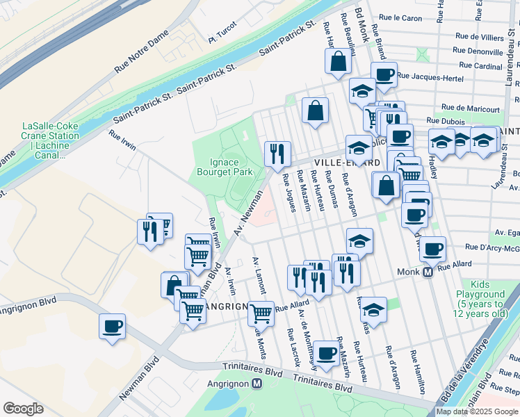 map of restaurants, bars, coffee shops, grocery stores, and more near 6250 Avenue Newman in Montréal