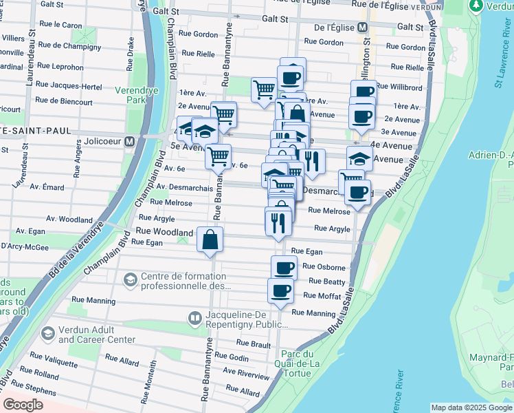 map of restaurants, bars, coffee shops, grocery stores, and more near Rue Melrose in Montréal
