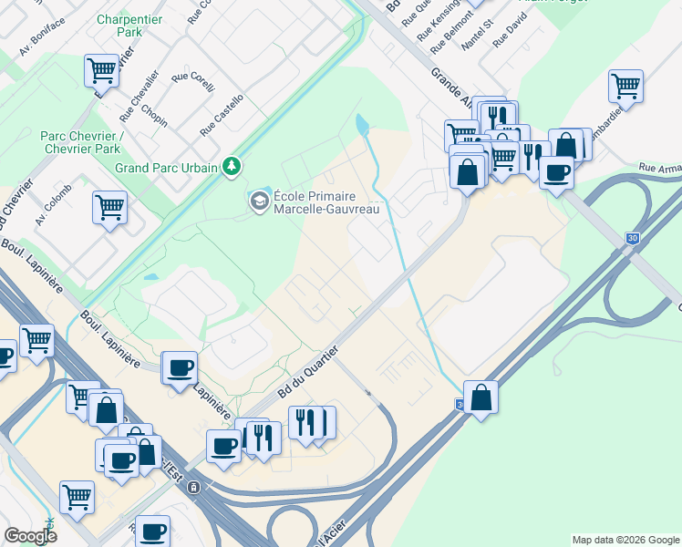 map of restaurants, bars, coffee shops, grocery stores, and more near 6005 Rue de Châteauneuf in Brossard