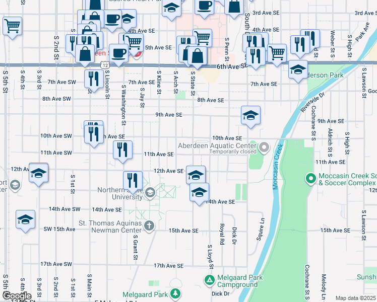 map of restaurants, bars, coffee shops, grocery stores, and more near 1116 South State Street in Aberdeen