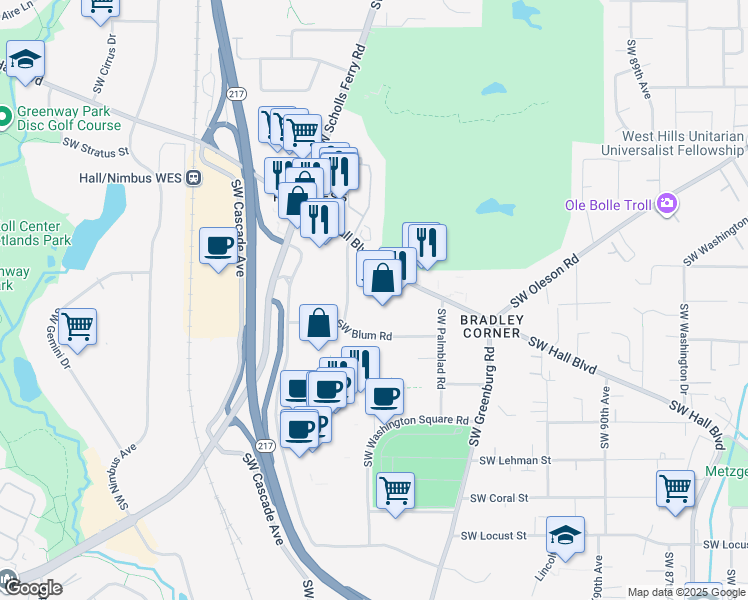 map of restaurants, bars, coffee shops, grocery stores, and more near 9009 Southwest Hall Boulevard in Tigard