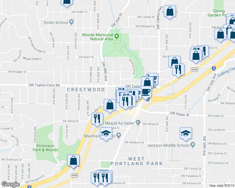 map of restaurants, bars, coffee shops, grocery stores, and more near 4556 Southwest Taylors Ferry Road in Portland