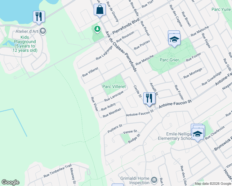 map of restaurants, bars, coffee shops, grocery stores, and more near 18585 Rue Larocque in Montréal