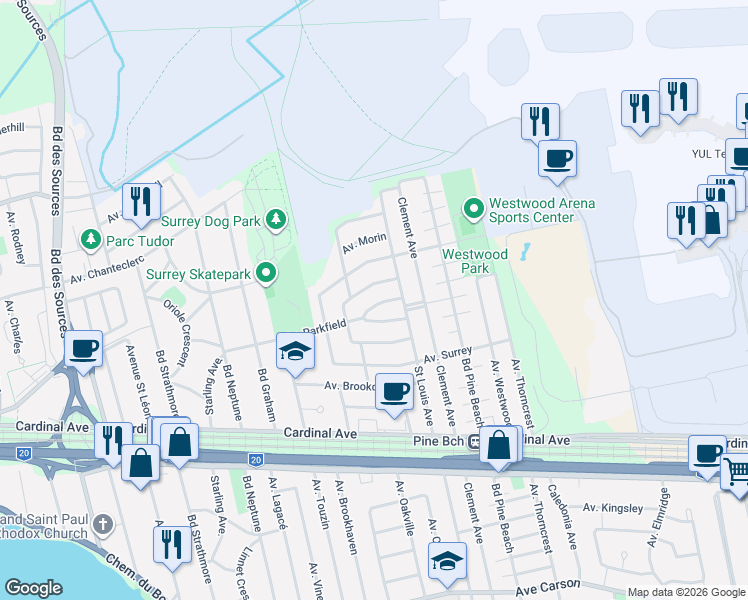 map of restaurants, bars, coffee shops, grocery stores, and more near 1735 Avenue Parkfield in Dorval