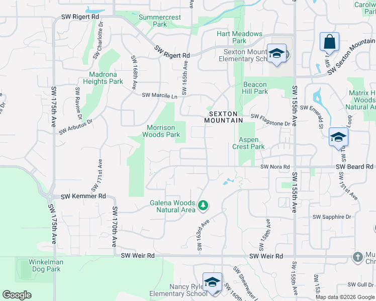 map of restaurants, bars, coffee shops, grocery stores, and more near 16348 Southwest Cornelian Way in Beaverton