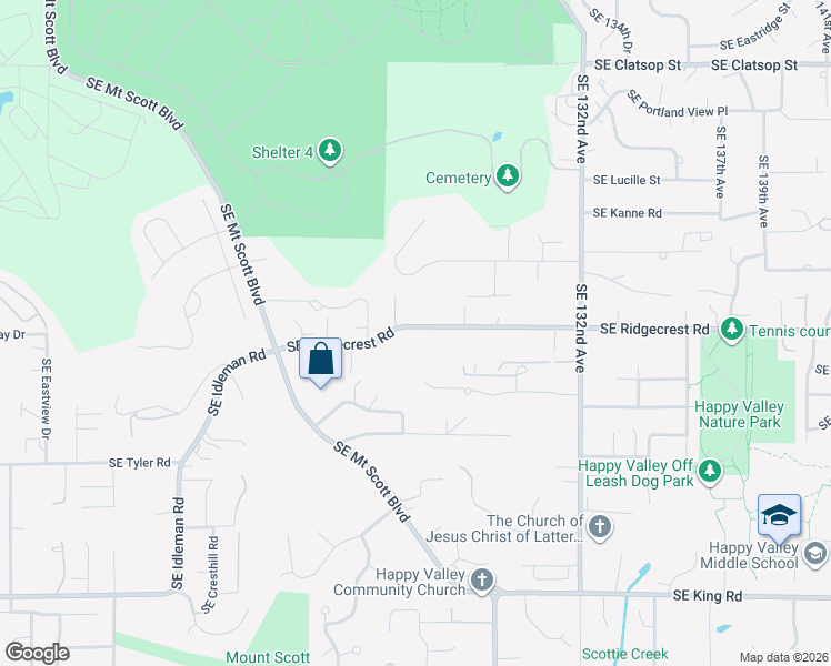 map of restaurants, bars, coffee shops, grocery stores, and more near 12525 Southeast Ridgecrest Road in Happy Valley