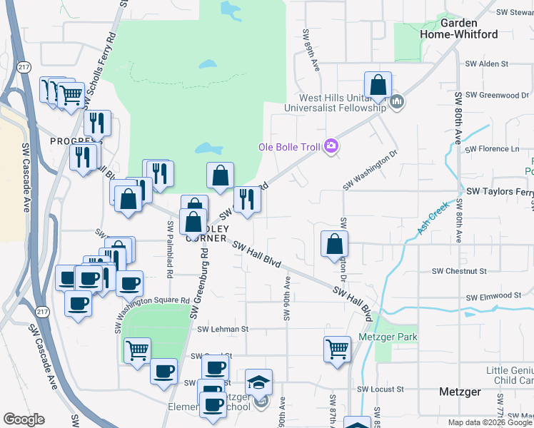 map of restaurants, bars, coffee shops, grocery stores, and more near 9205 Southwest 91st Avenue in Portland