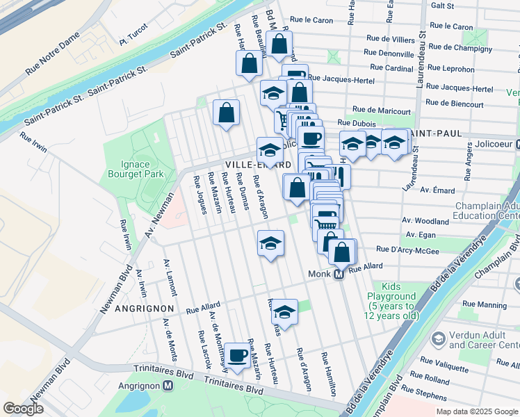 map of restaurants, bars, coffee shops, grocery stores, and more near 6385 Rue d'Aragon in Montréal
